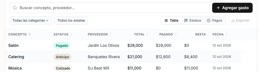 Tabla real de proveedores con estatus, total, pagado y resta